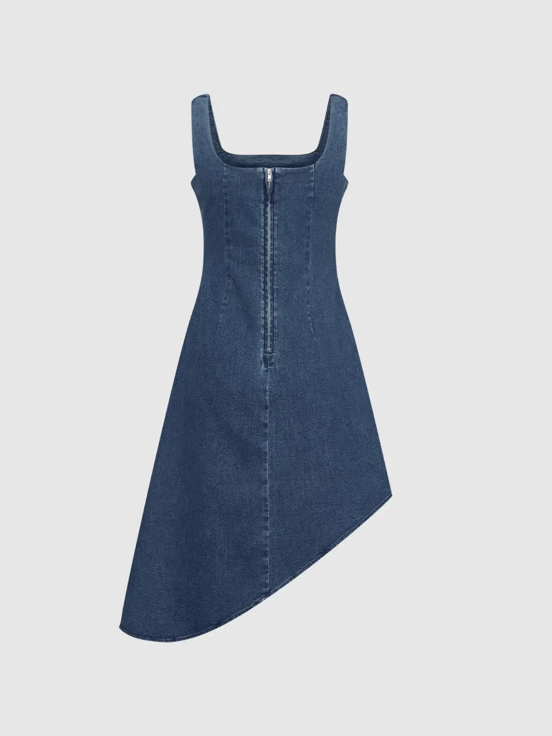 Square Neck Sleeveless Asymmetric Hem Cotton Denim Dress