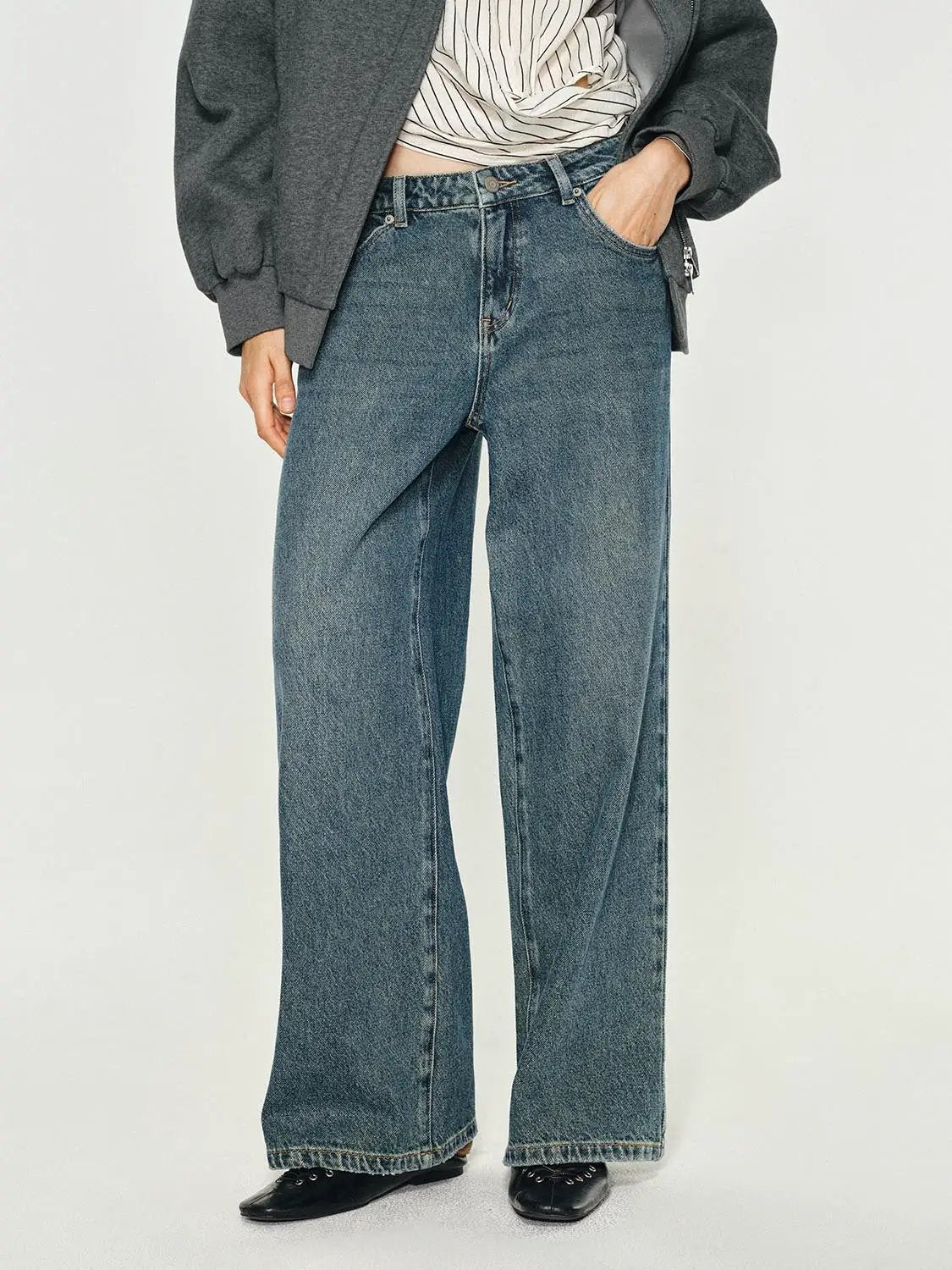 Mid-rise Medium Wash Cotton Wide-leg Jeans