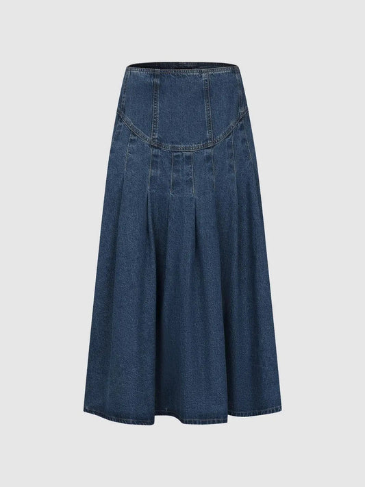High-waisted Pleated Cotton Denim Maxi Skirt