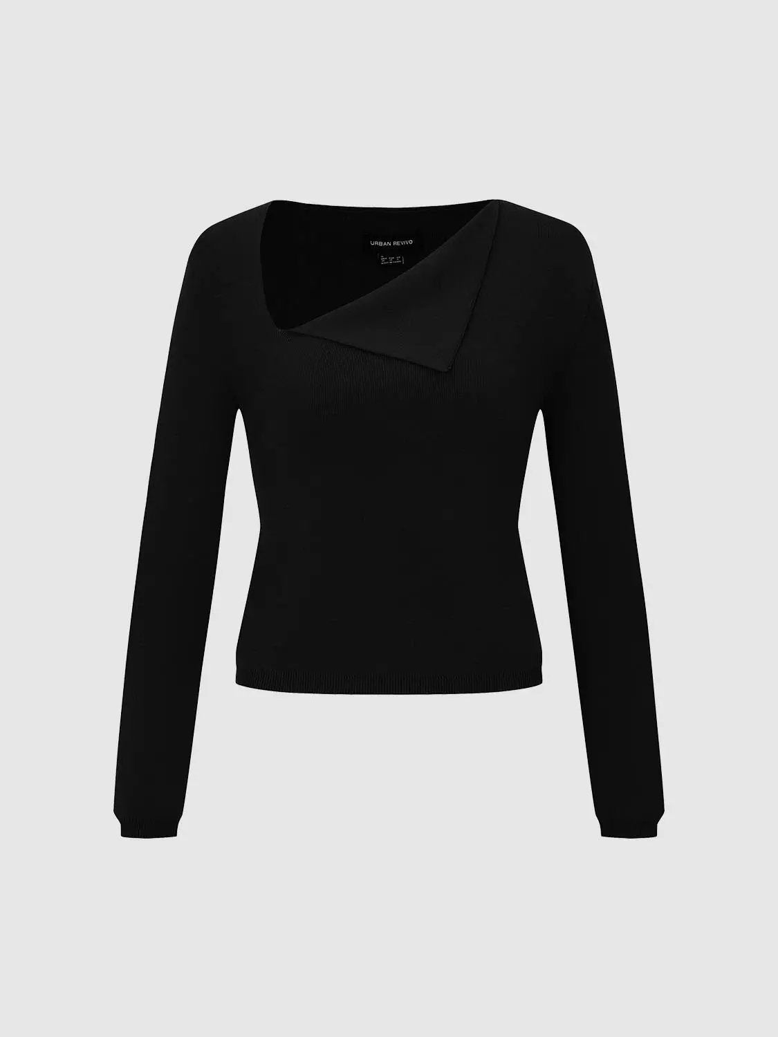 Fold Over Asymmetric Neck Cotton Knit Long Sleeve T-Shirt