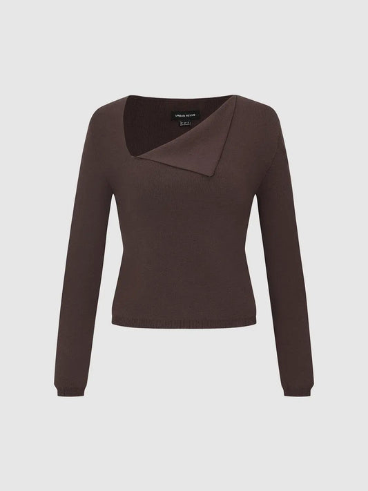 Fold Over Asymmetric Neck Cotton Knit Long Sleeve T-Shirt