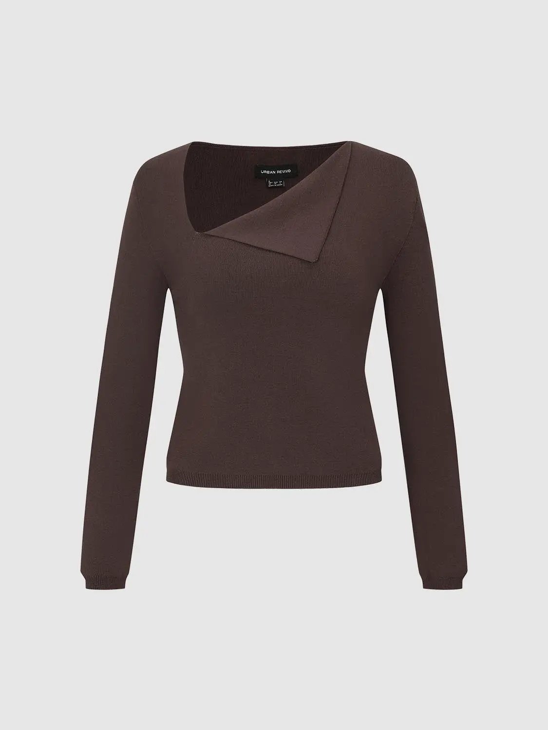 Fold Over Asymmetric Neck Cotton Knit Long Sleeve T-Shirt