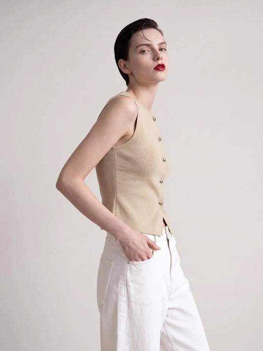 Round Neck Button Front Sleeveless Cropped Knit Vest