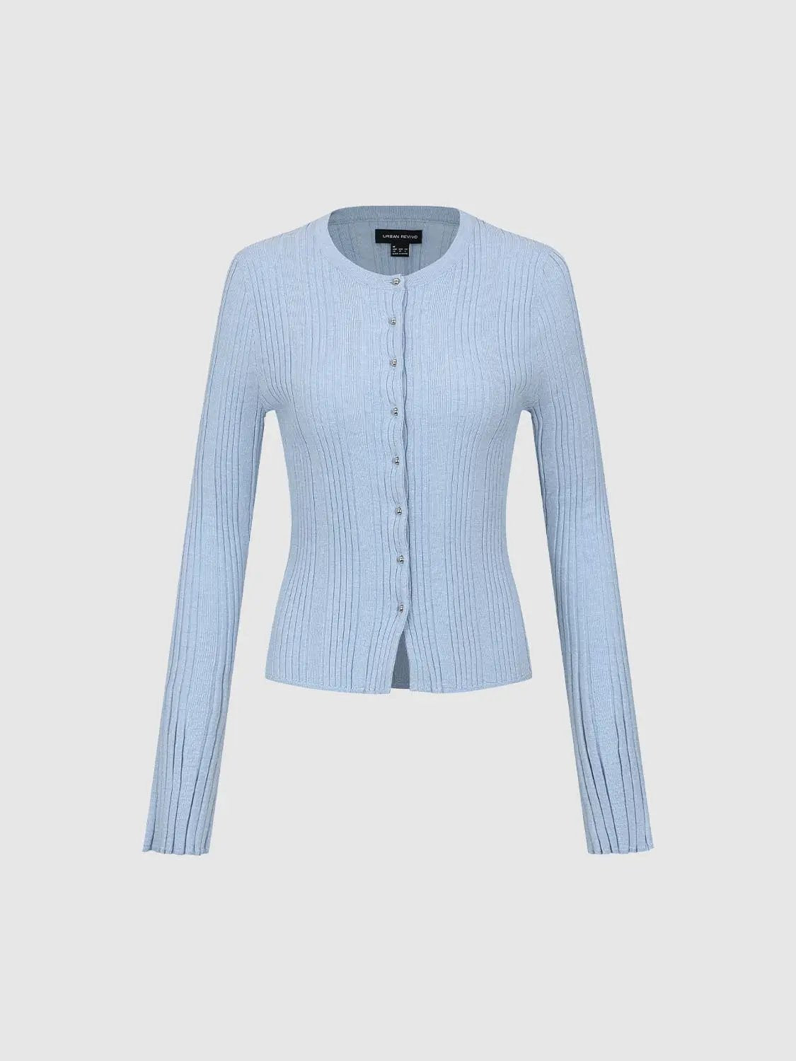 Slim Fit Split Hem Ribbed Crew Neck Knit Cardigan