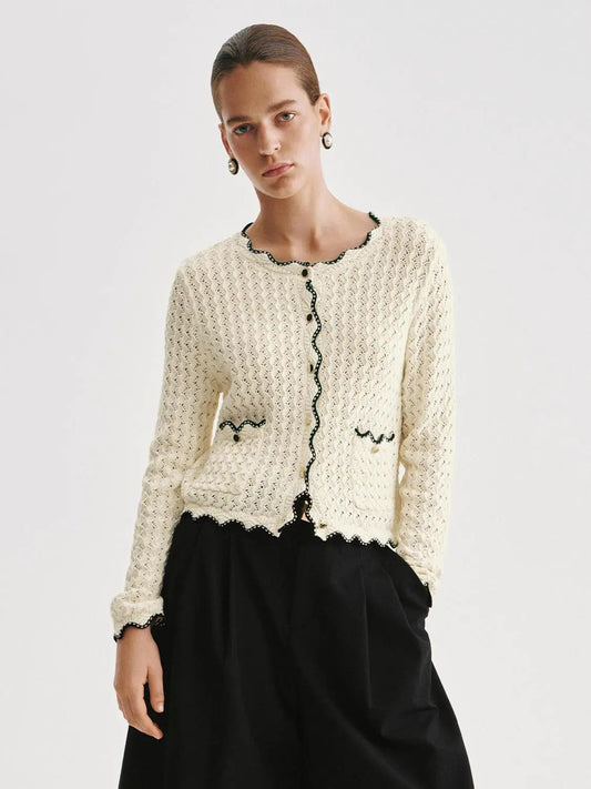 Textured Long Sleeve Contrast Trim Cotton Cardigan