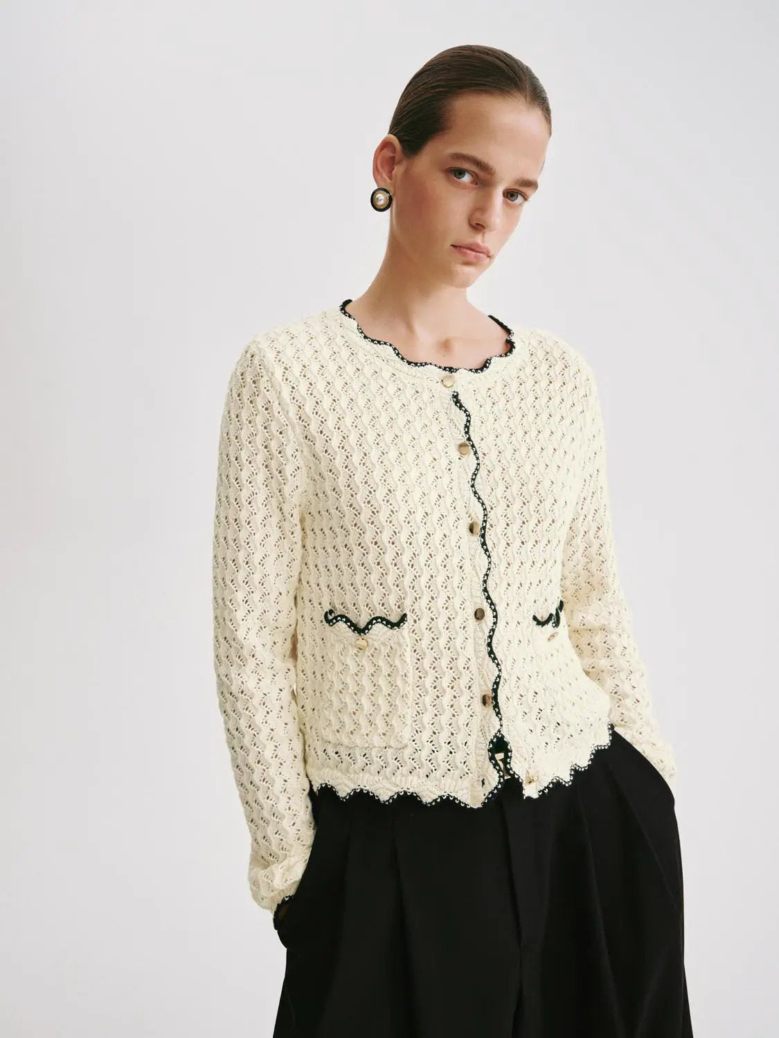 Textured Long Sleeve Contrast Trim Cotton Cardigan