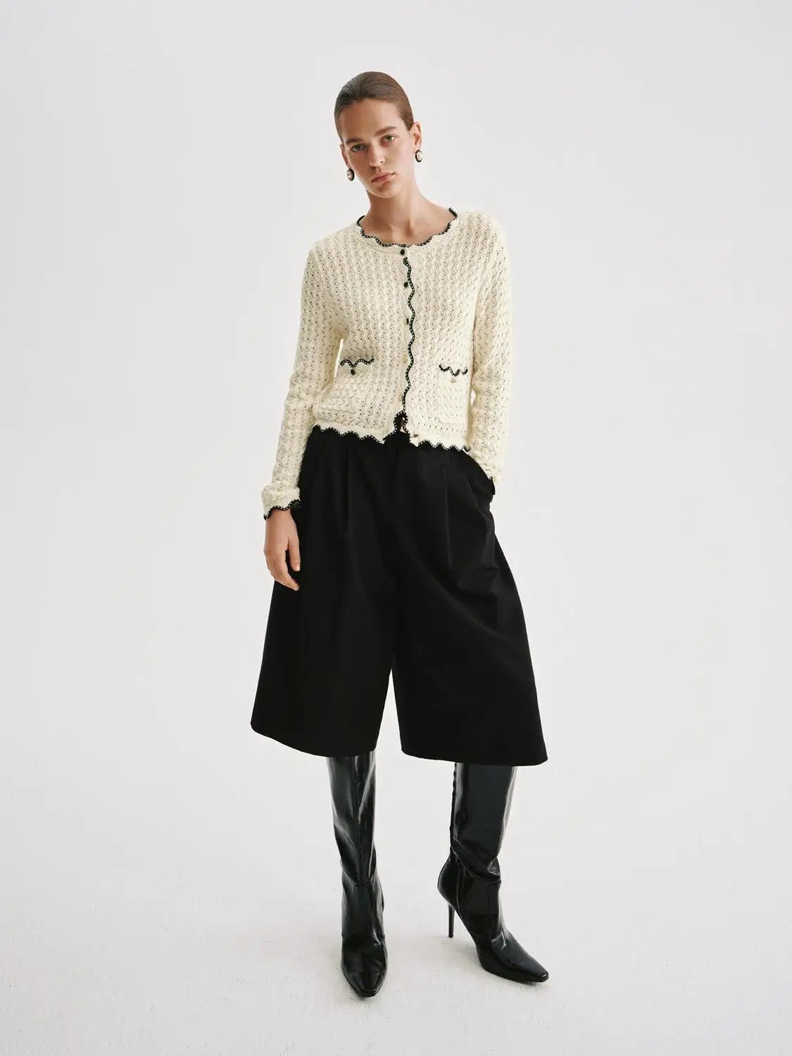 Textured Long Sleeve Contrast Trim Cotton Cardigan