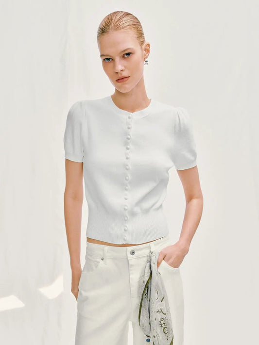 Ribbed Knit Cotton Crew Neck Short Sleeve Cardigan