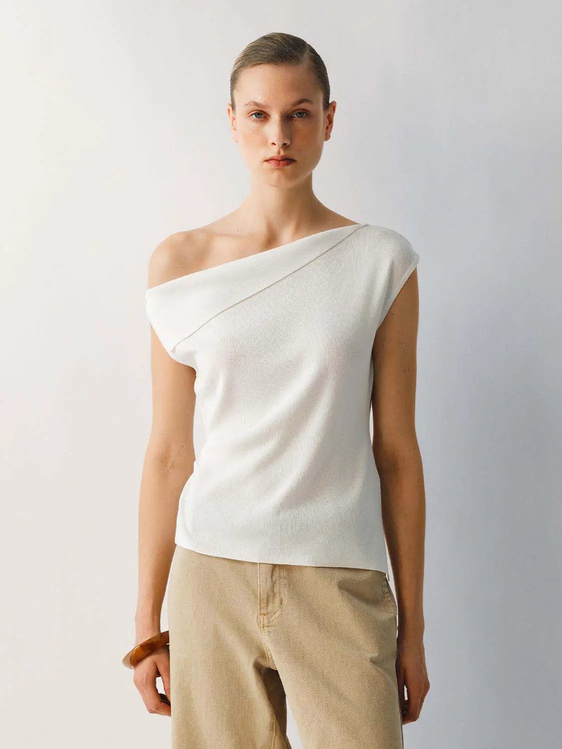 Slim One Shoulder Sleeveless Waist Ruched Irregular Hem Top