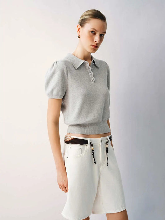 Knitted Ribbed Puff-Sleeve Polo Cotton T-Shirt
