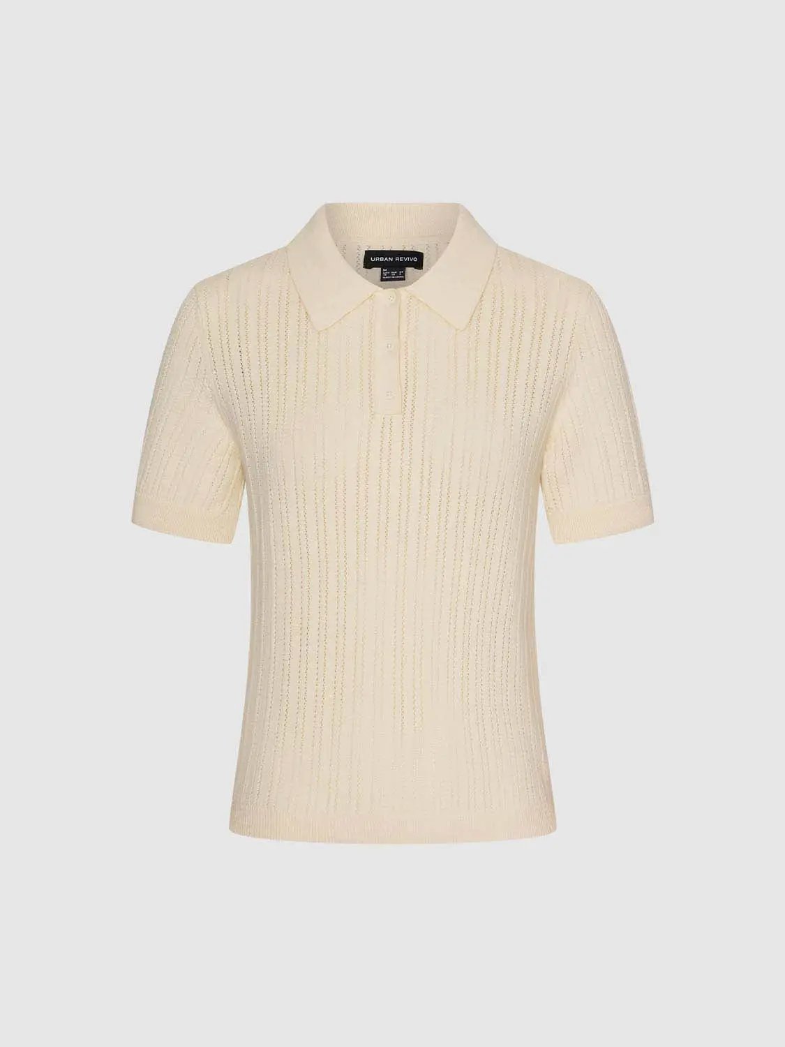 Ribbed Polo Knit Cotton Short Sleeve Sweater