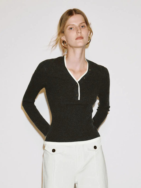 Ribbed Contrast Trim Fitted V-neck Long Sleeve T-Shirt