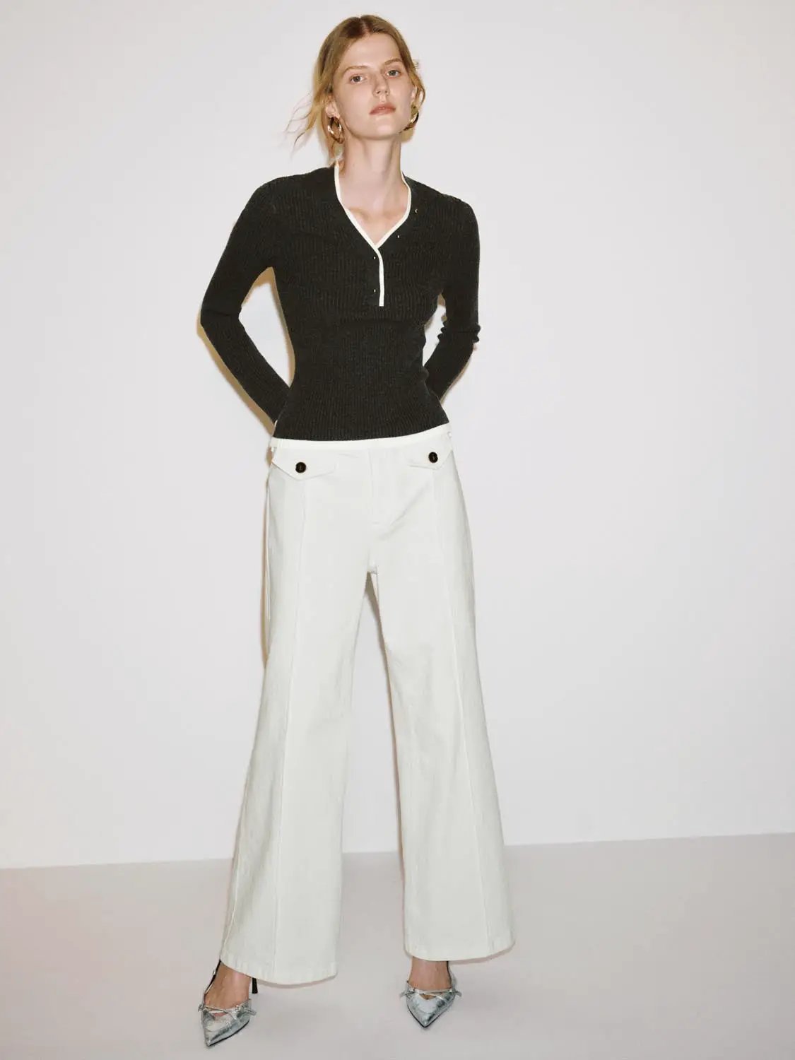 Ribbed Contrast Trim Fitted V-neck Long Sleeve T-Shirt