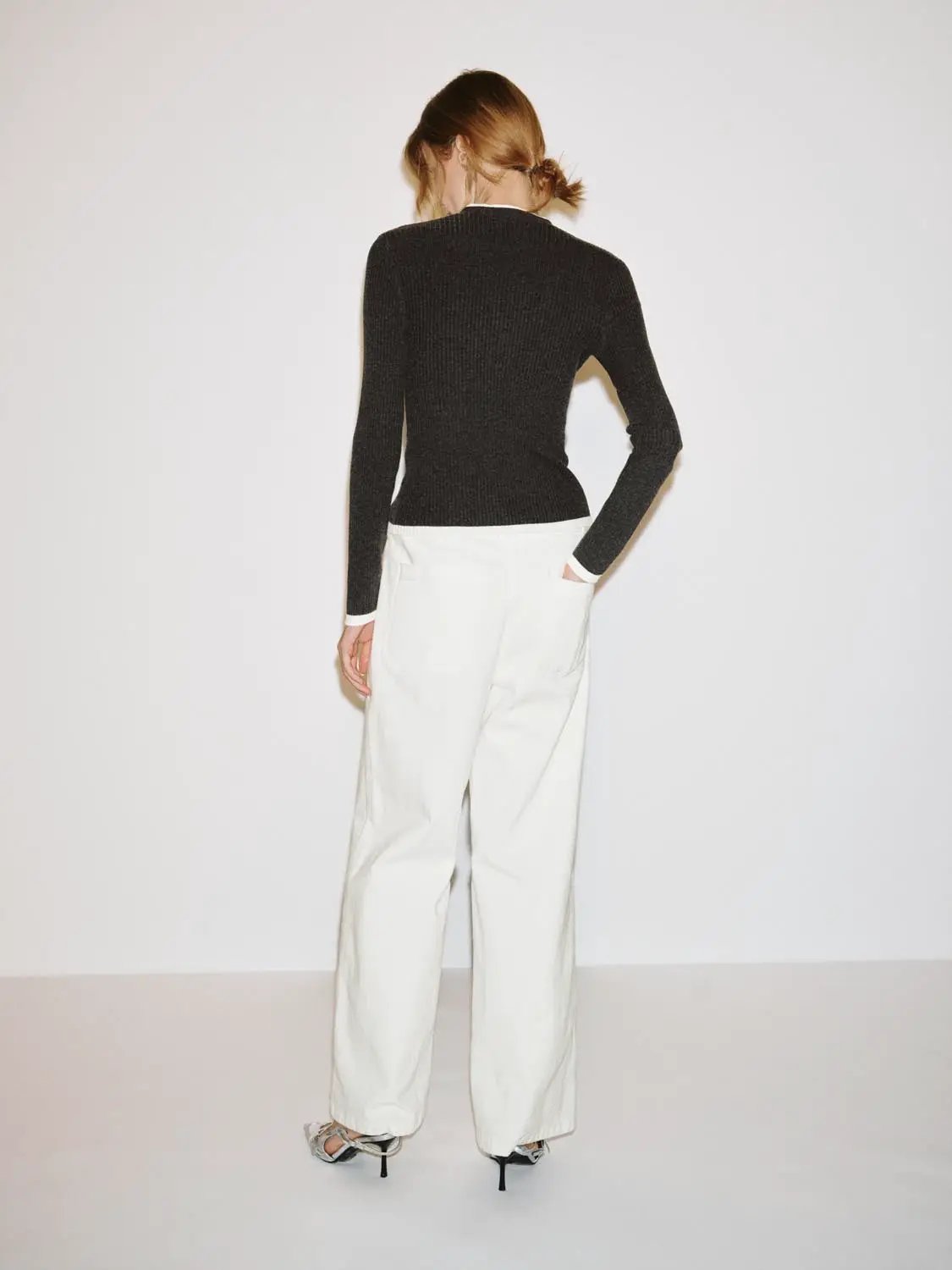 Ribbed Contrast Trim Fitted V-neck Long Sleeve T-Shirt