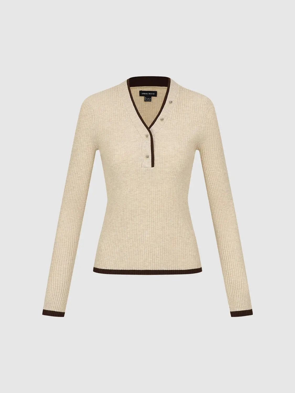 Ribbed Contrast Trim Fitted V-neck Long Sleeve T-Shirt