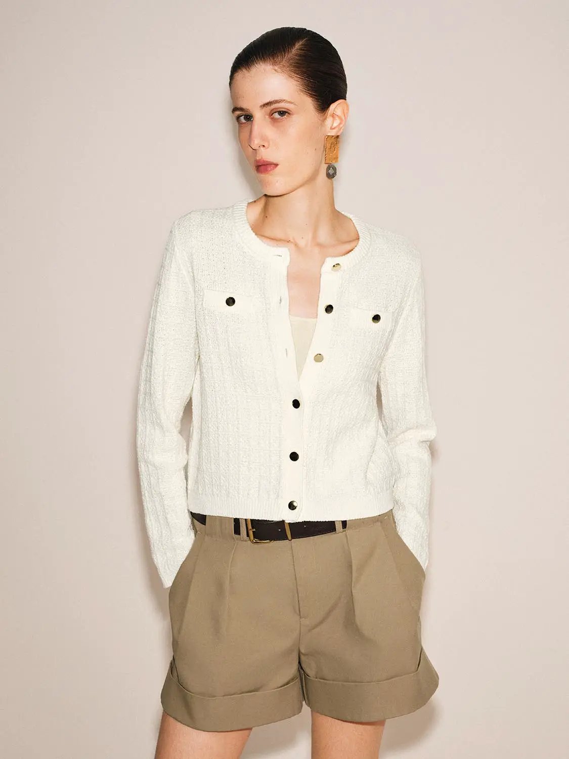 Textured Crew Neck Long Sleeve Knit Cardigan