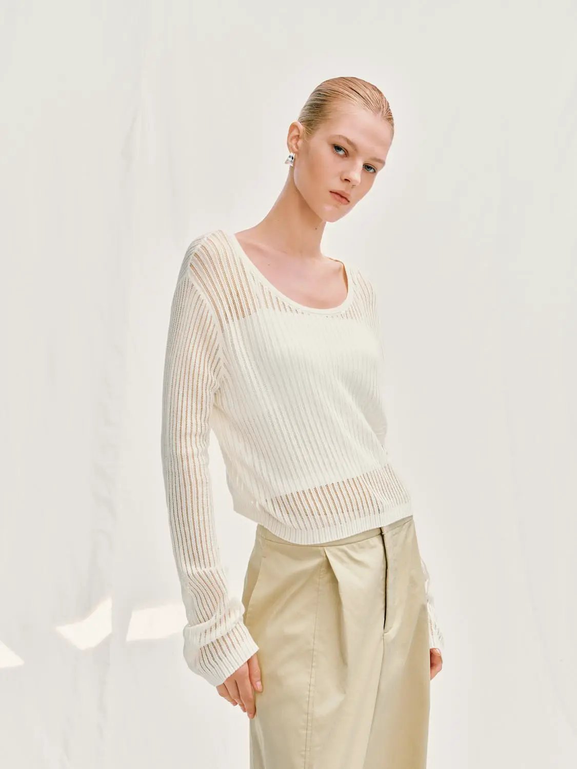 Ribbed Cotton Long Sleeve Knit Top