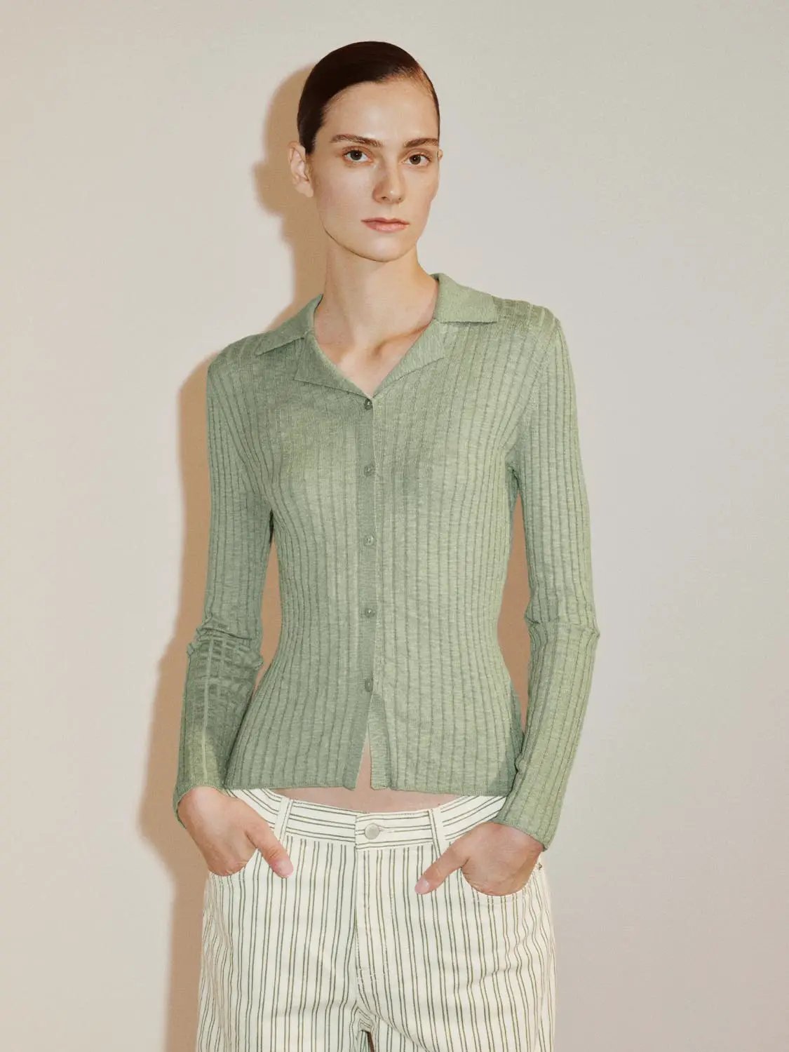 Ribbed Cotton Blend Shirt Collar Cardigan