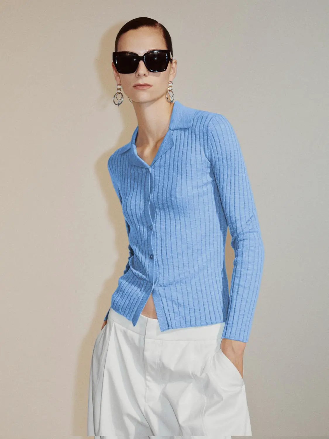 Ribbed Cotton Blend Shirt Collar Cardigan