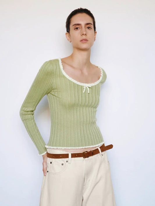 Ribbed Square Neck Bow Raw Hem Long Sleeve Knit T-shirt
