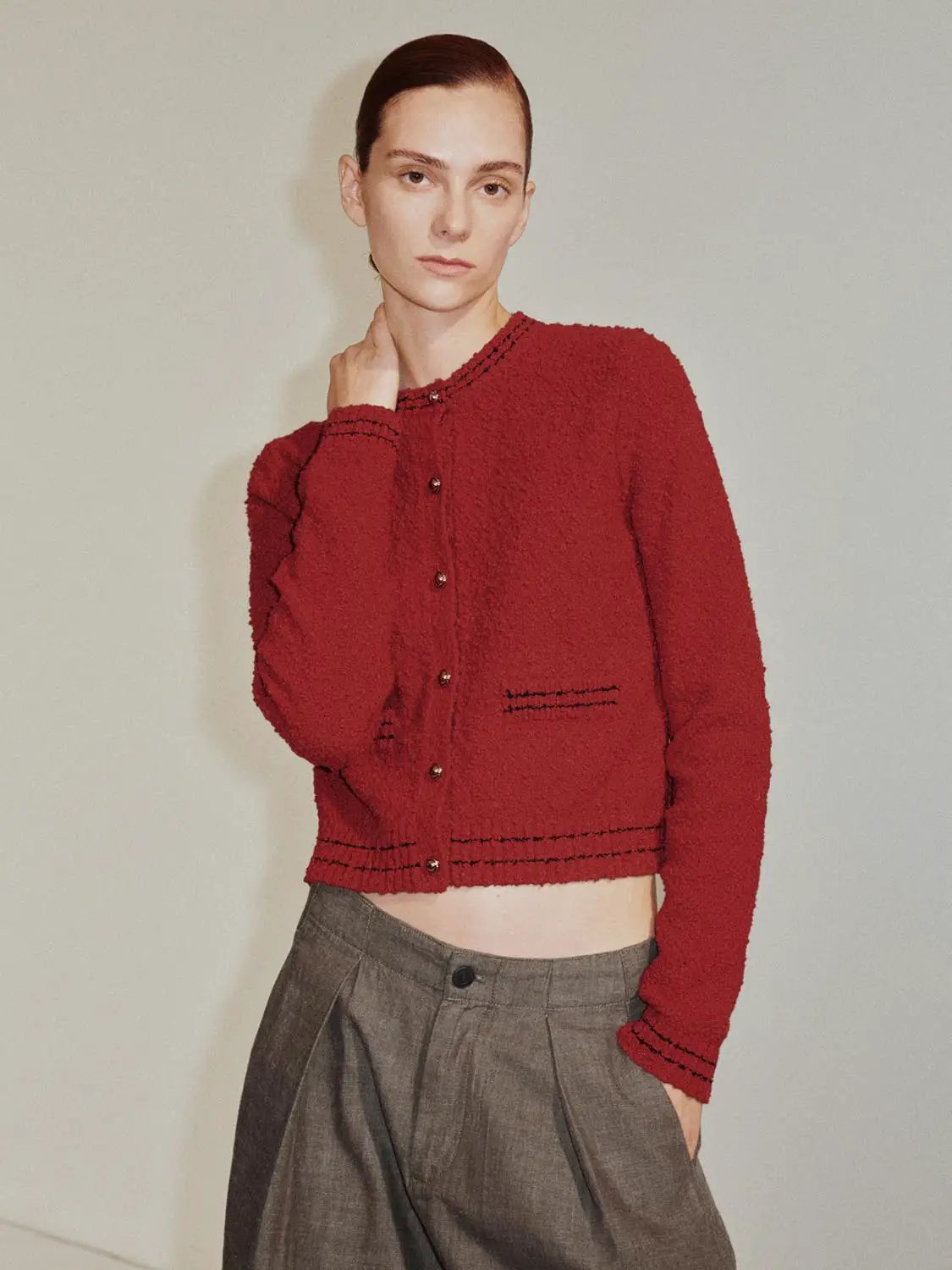Textured Long Sleeve Cropped Cotton Blend Cardigan