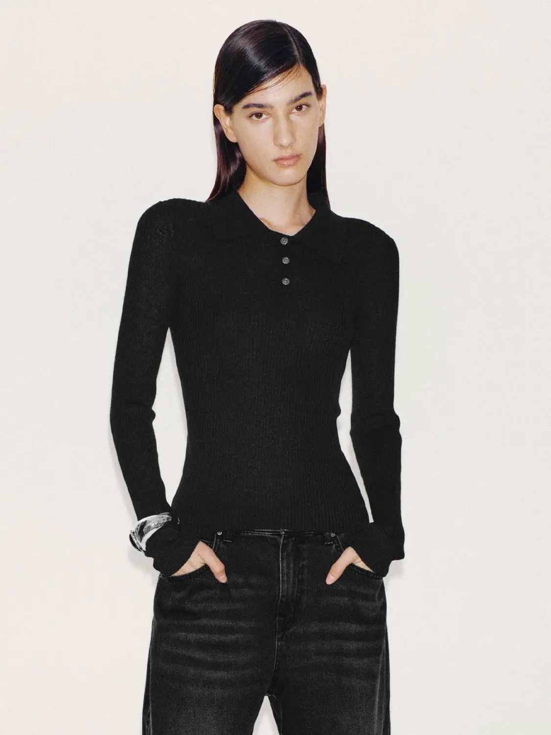 Black Fitted Ribbed Knit Long Sleeve T-shirt