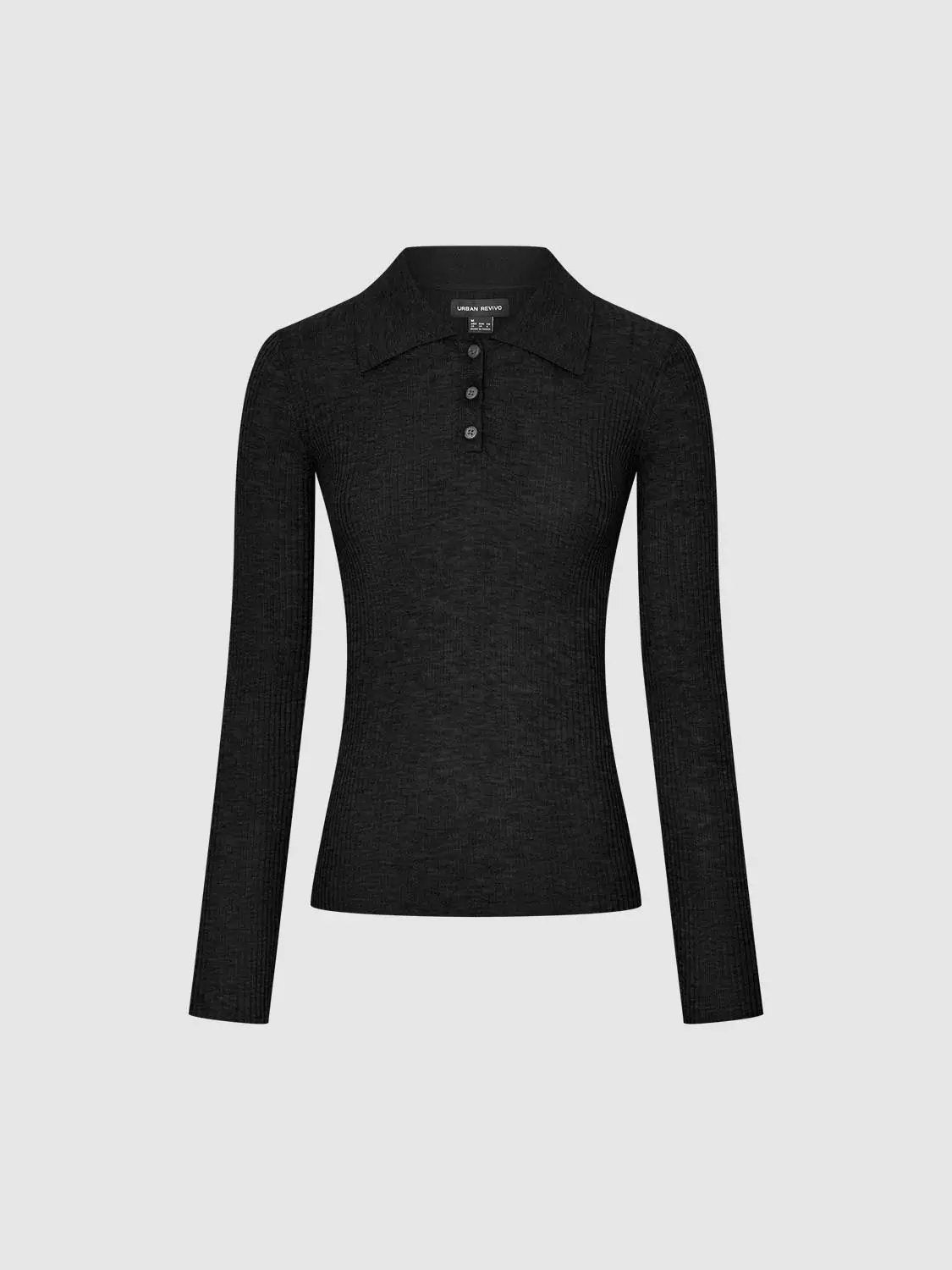 Black Fitted Ribbed Knit Long Sleeve T-shirt