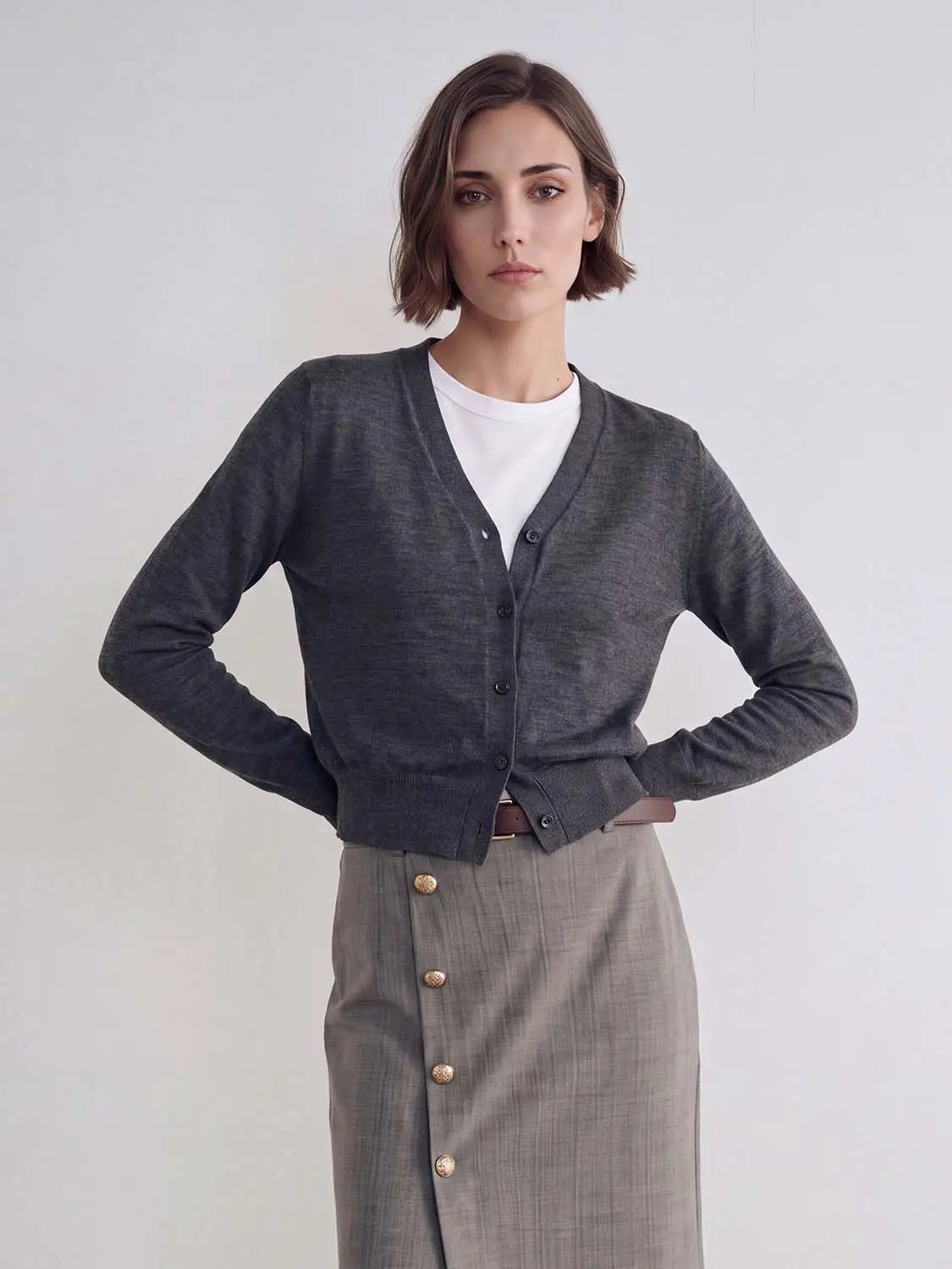 Ribbed V-neck Long Sleeve Wool Blend Cardigan