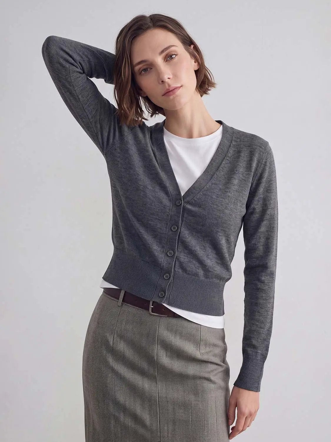 Ribbed V-neck Long Sleeve Wool Blend Cardigan