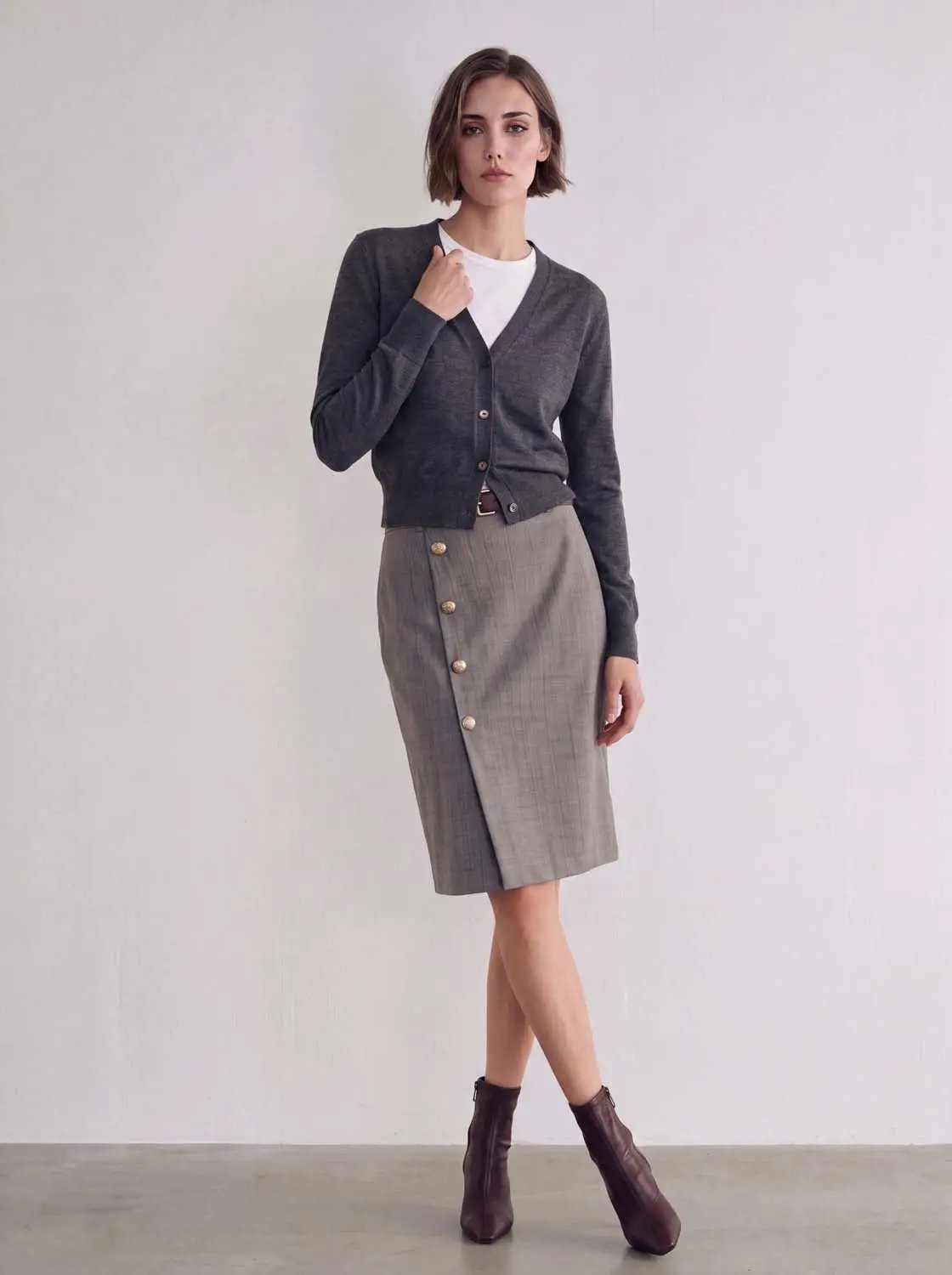 Ribbed V-neck Long Sleeve Wool Blend Cardigan