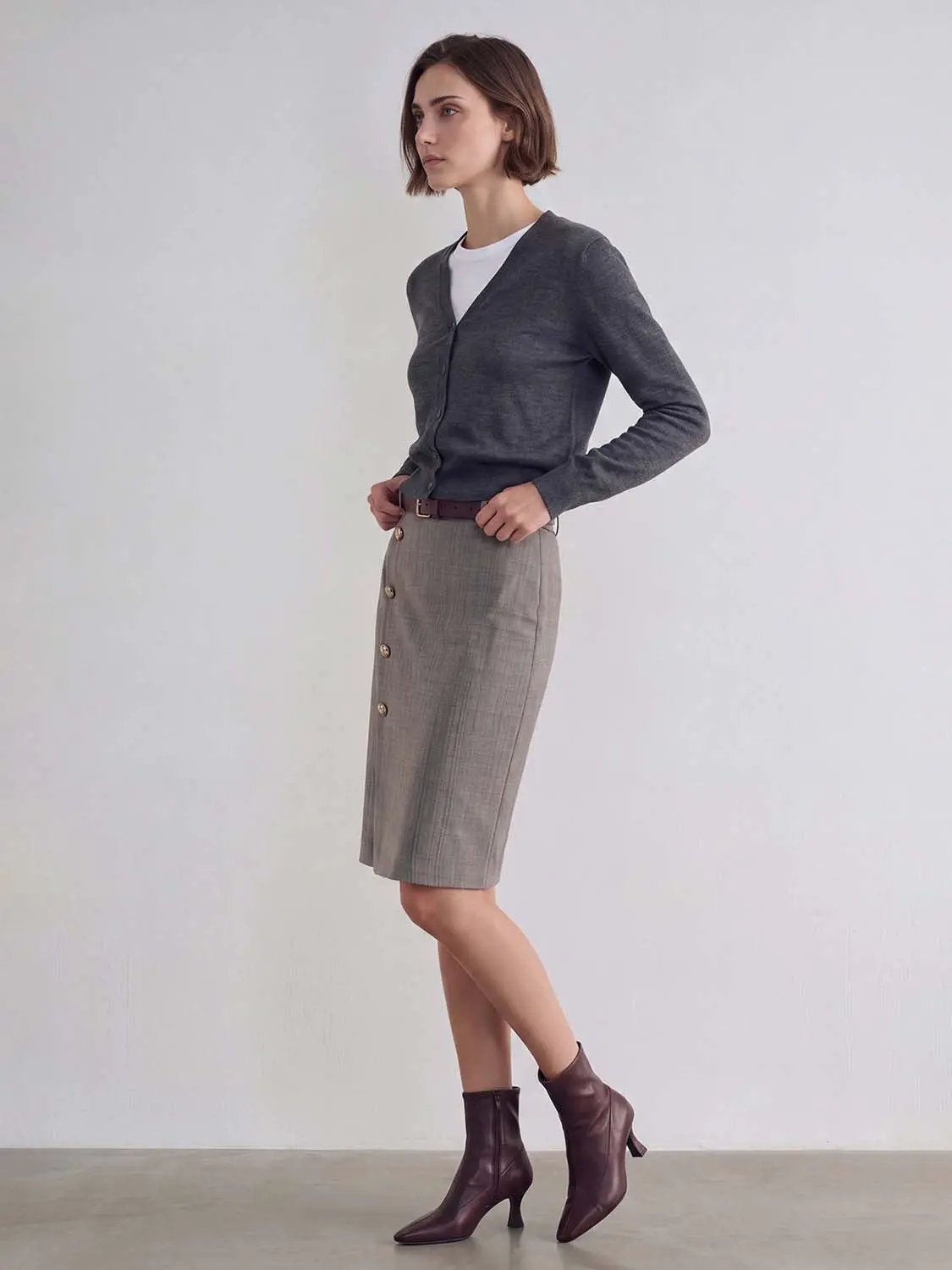 Ribbed V-neck Long Sleeve Wool Blend Cardigan
