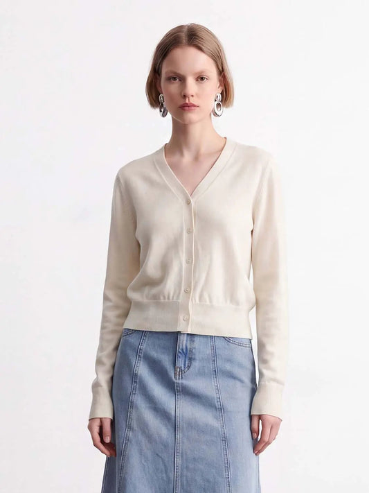 Ribbed V-neck Long Sleeve Wool Blend Cardigan