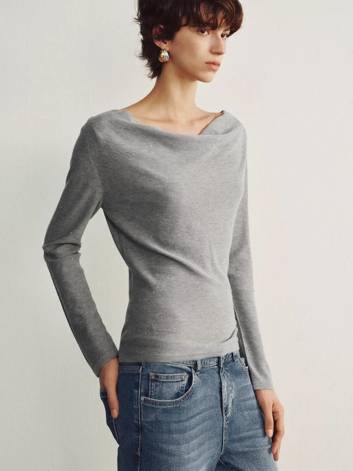 Draped Textured Fitted Long Sleeve Knit T-Shirt