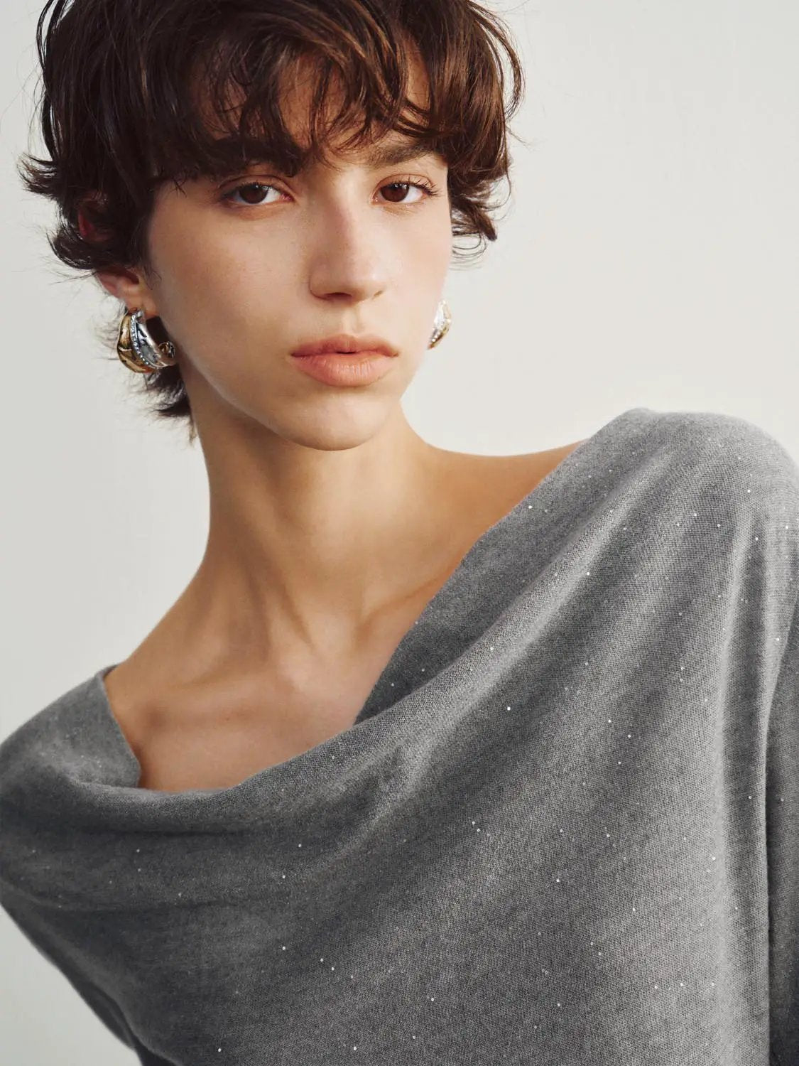 Draped Textured Fitted Long Sleeve Knit T-Shirt