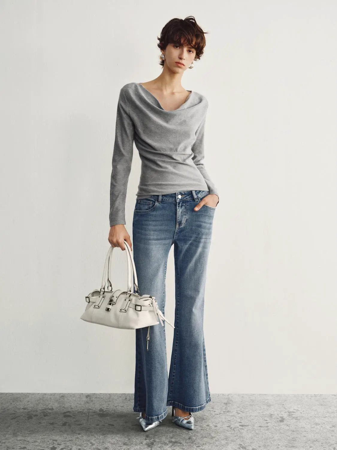 Draped Textured Fitted Long Sleeve Knit T-Shirt