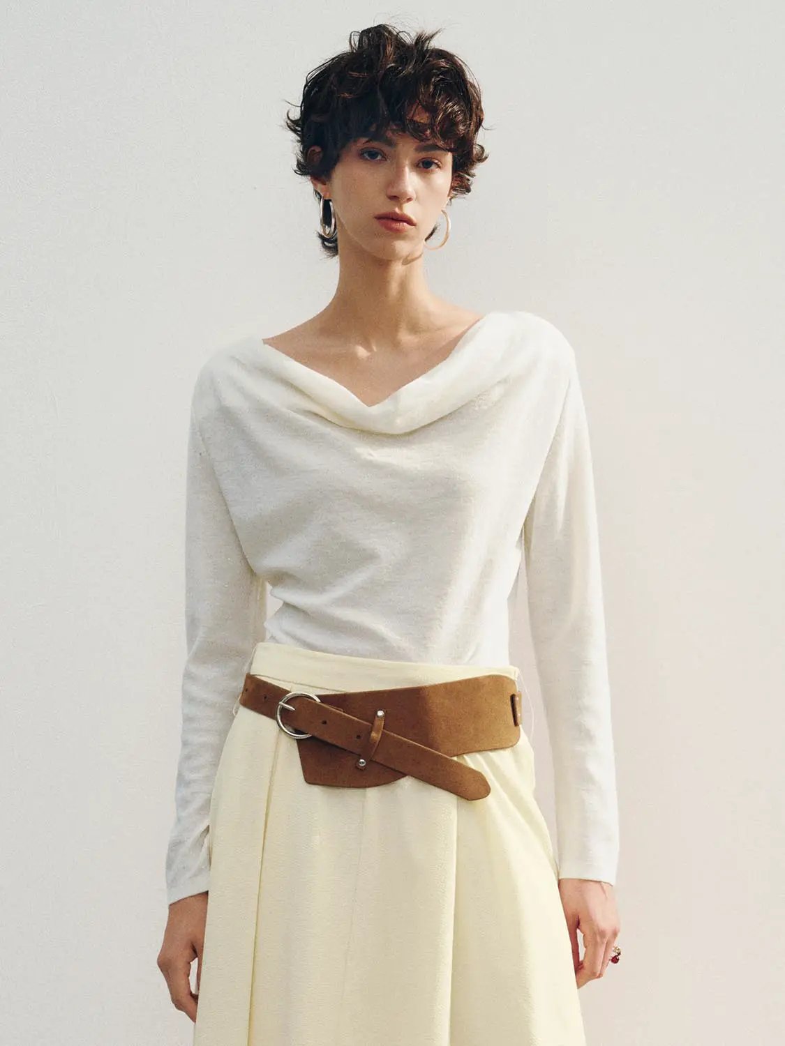 Draped Textured Fitted Long Sleeve Knit T-Shirt