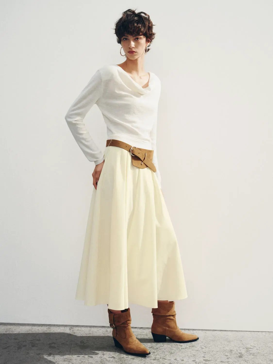 Draped Textured Fitted Long Sleeve Knit T-Shirt
