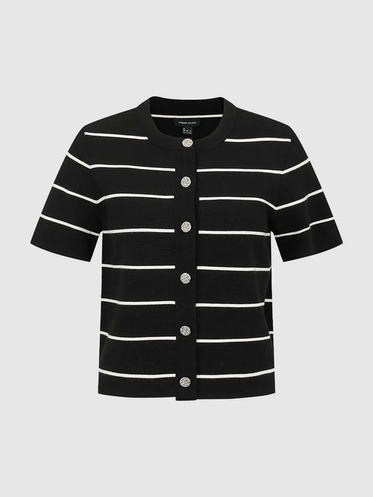 Button Front Striped Crew Neck Short Sleeve Knit Cardigan