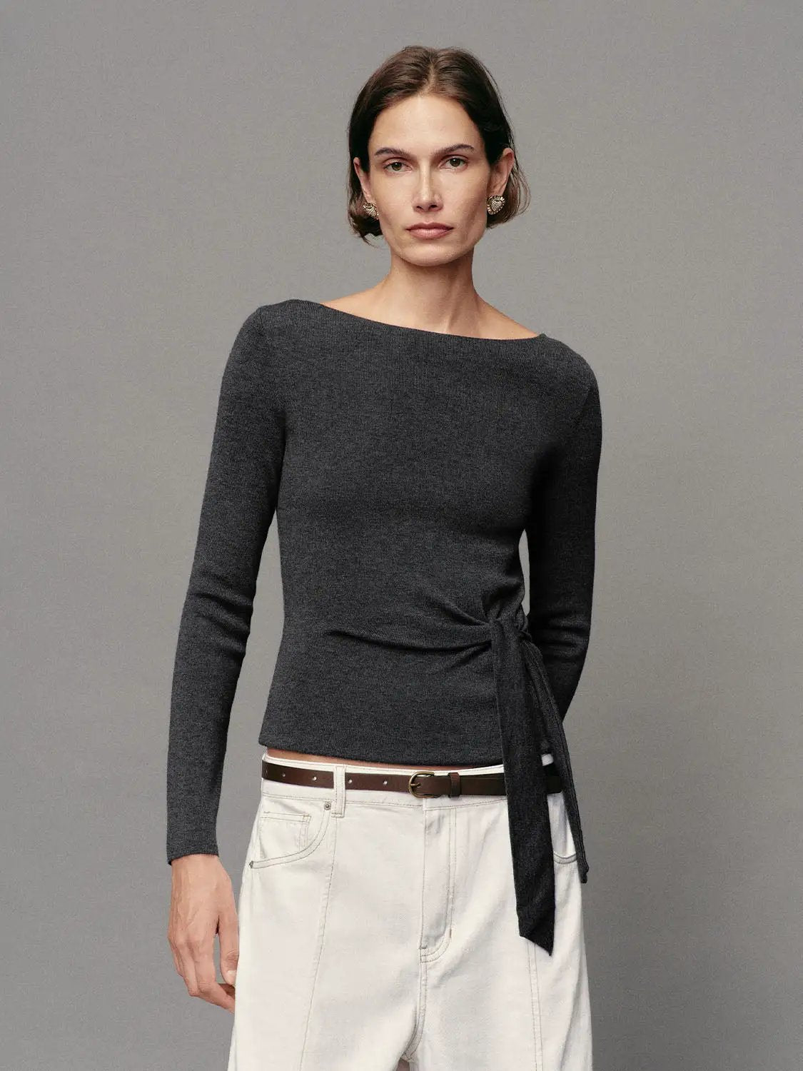 Ribbed Long Sleeve Boat Neck Tie Waist Knit Top