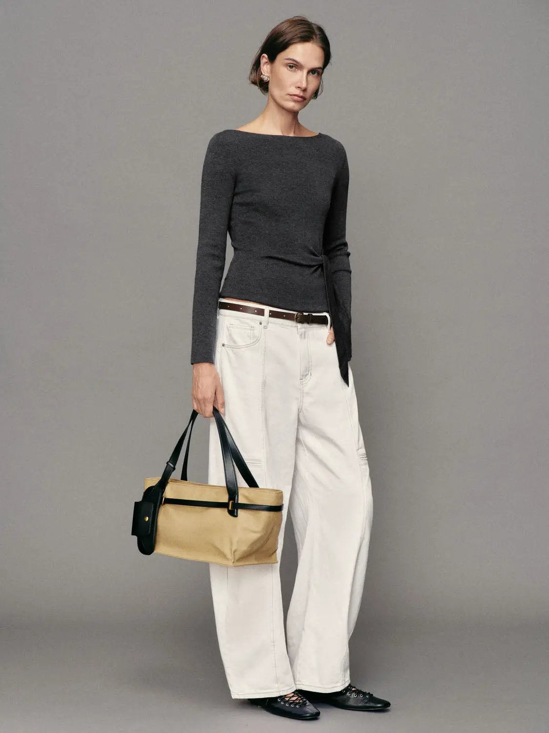 Ribbed Long Sleeve Boat Neck Tie Waist Knit Top