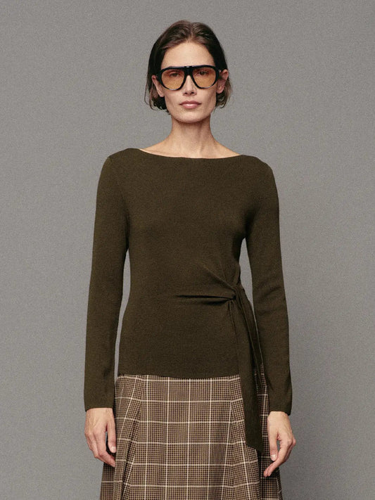 Ribbed Long Sleeve Boat Neck Tie Waist Knit Top