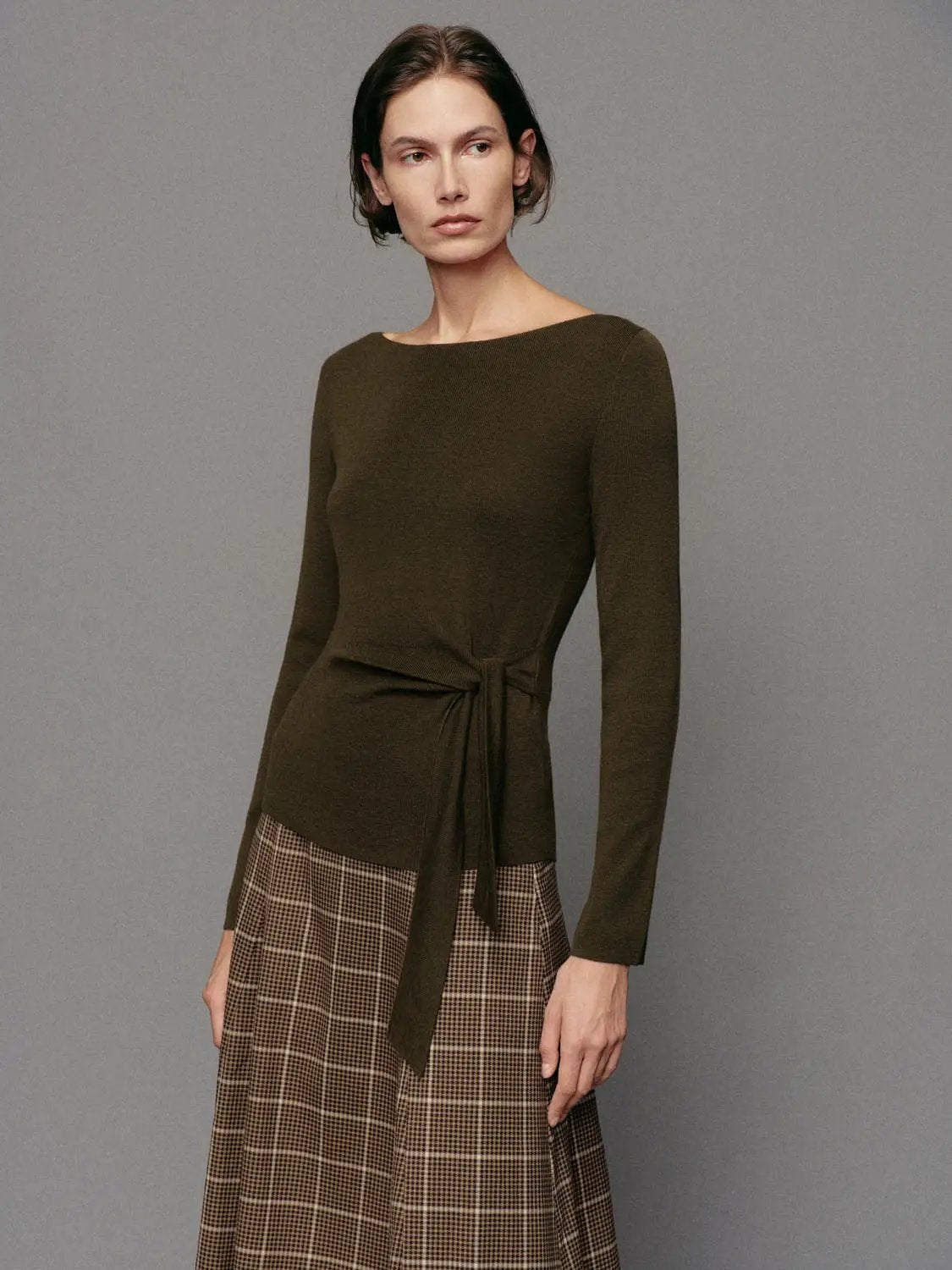 Ribbed Long Sleeve Boat Neck Tie Waist Knit Top