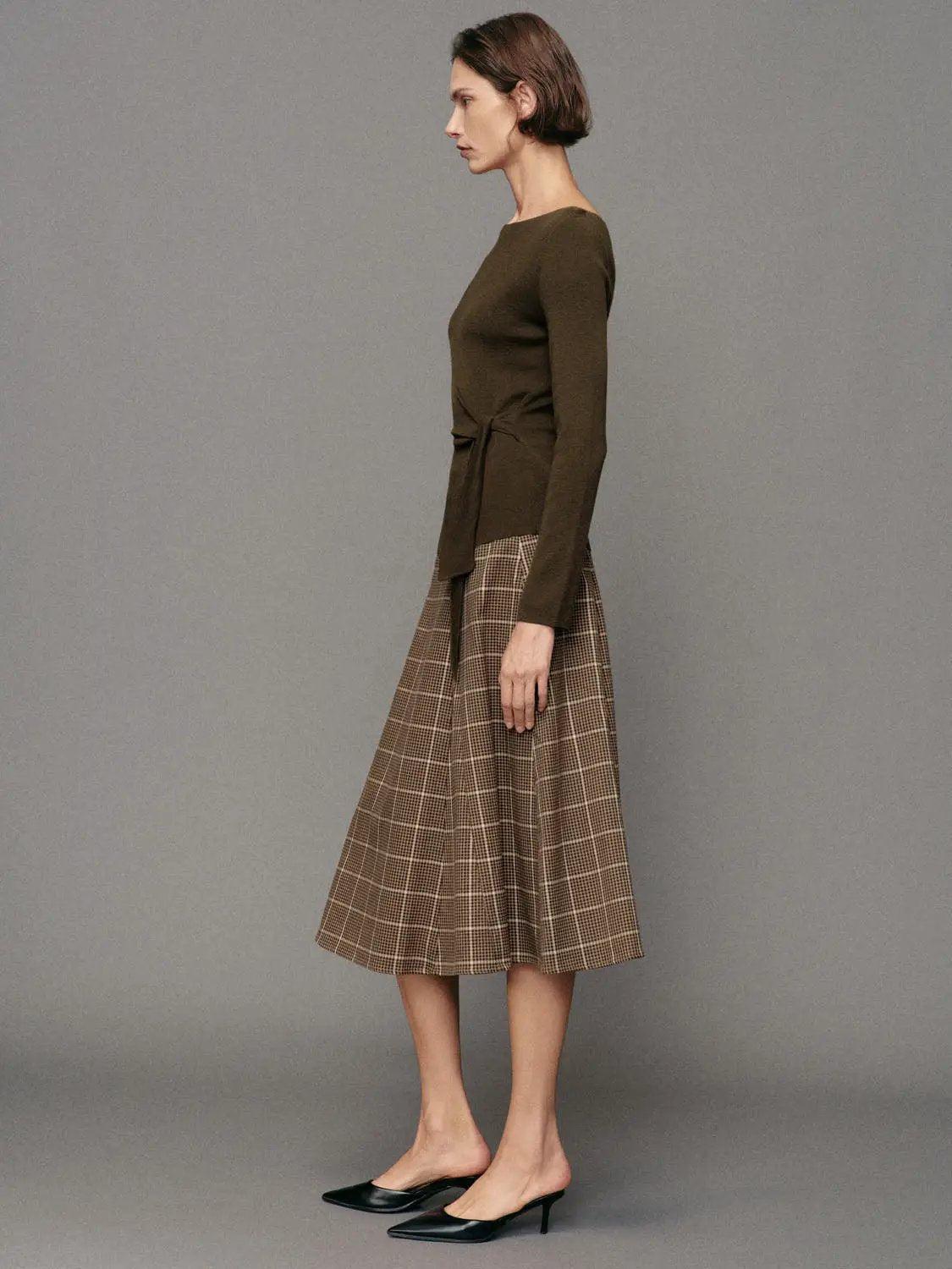 Ribbed Long Sleeve Boat Neck Tie Waist Knit Top