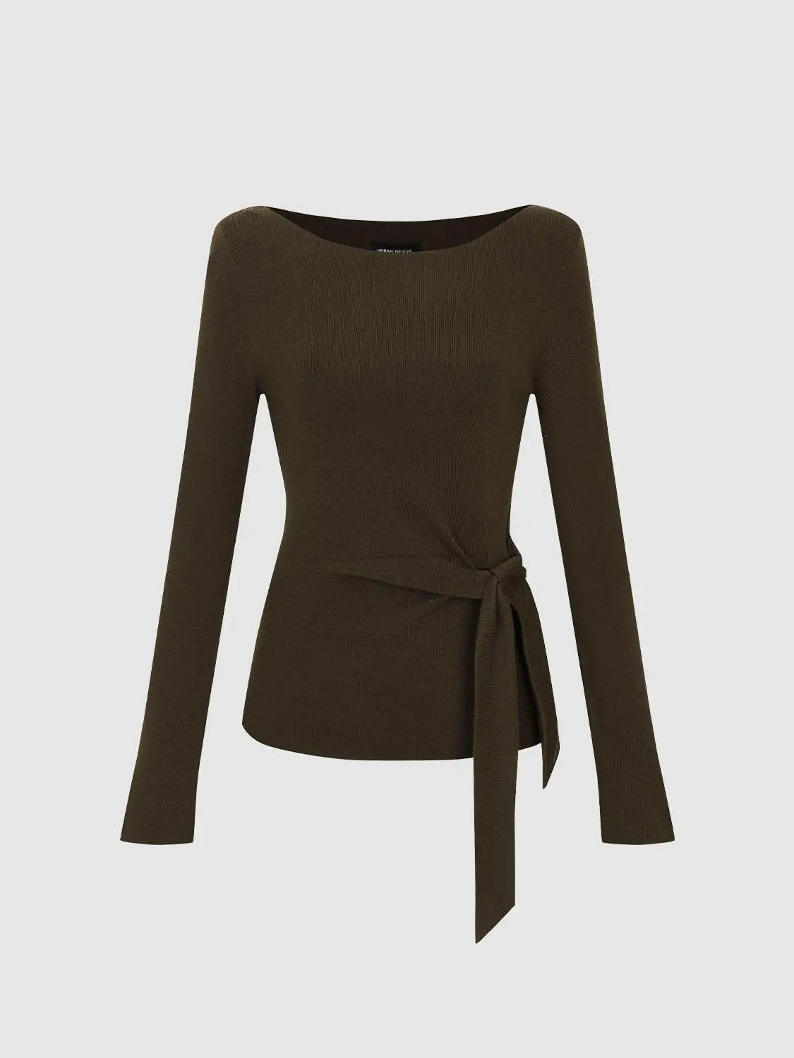 Ribbed Long Sleeve Boat Neck Tie Waist Knit Top