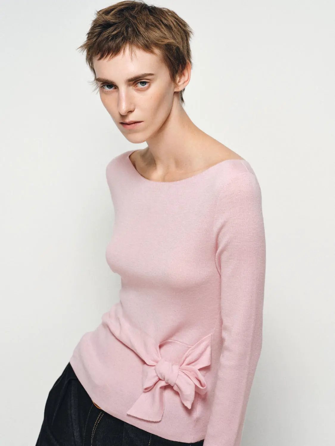 Ribbed Long Sleeve Boat Neck Tie Waist Knit Top