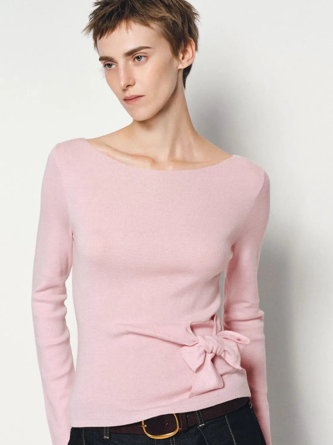 Ribbed Long Sleeve Boat Neck Tie Waist Knit Top