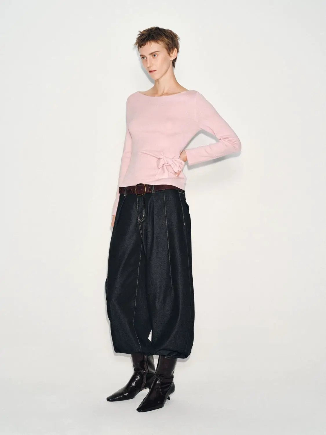 Ribbed Long Sleeve Boat Neck Tie Waist Knit Top