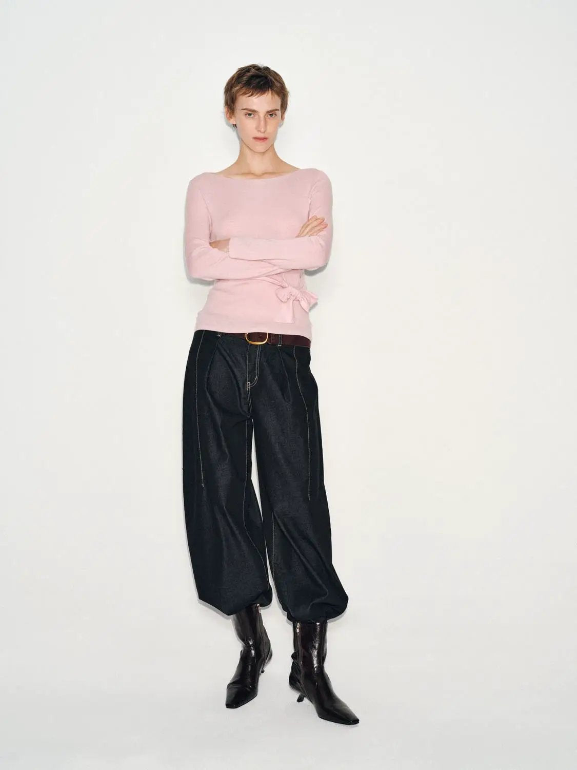 Ribbed Long Sleeve Boat Neck Tie Waist Knit Top