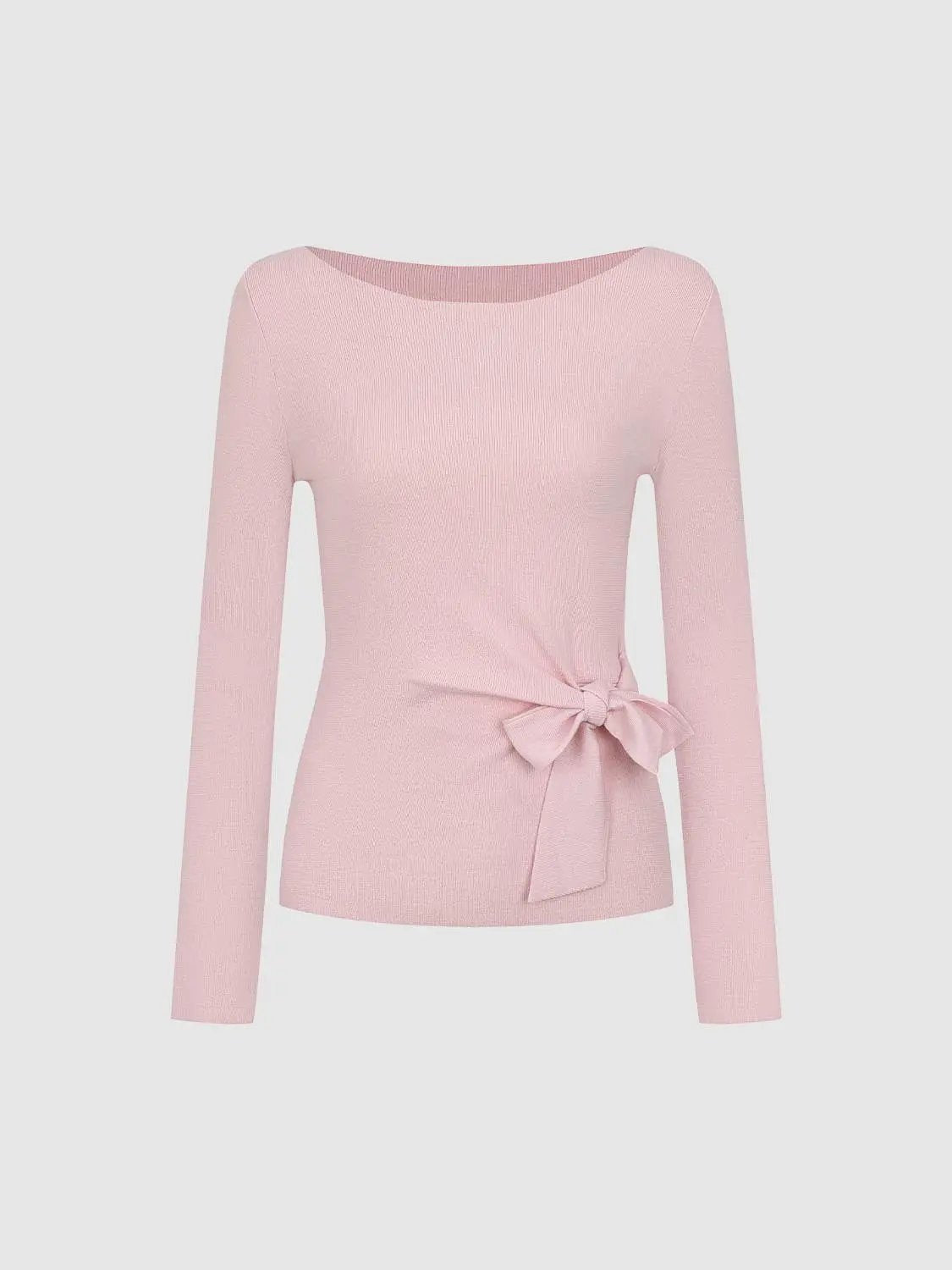 Ribbed Long Sleeve Boat Neck Tie Waist Knit Top
