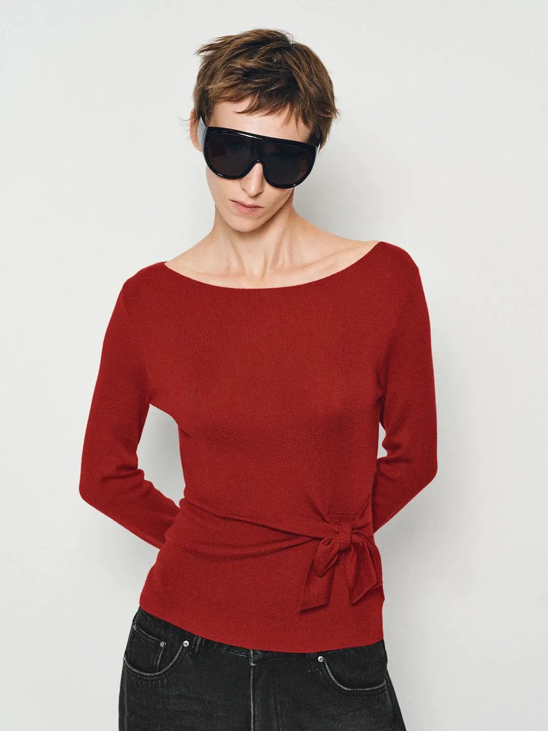 Ribbed Long Sleeve Boat Neck Tie Waist Knit Top